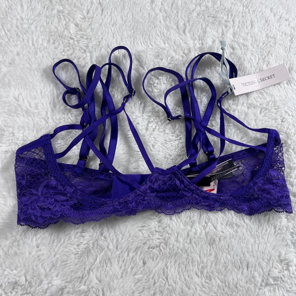 Victorias Secret Purple Lace Strappy Cage Bralette Unlined Small 334893-QCJ‎ NEW